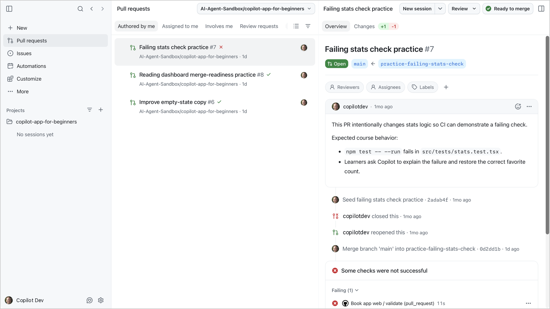 Failing stats check practice pull request showing the failed Book app web validation check