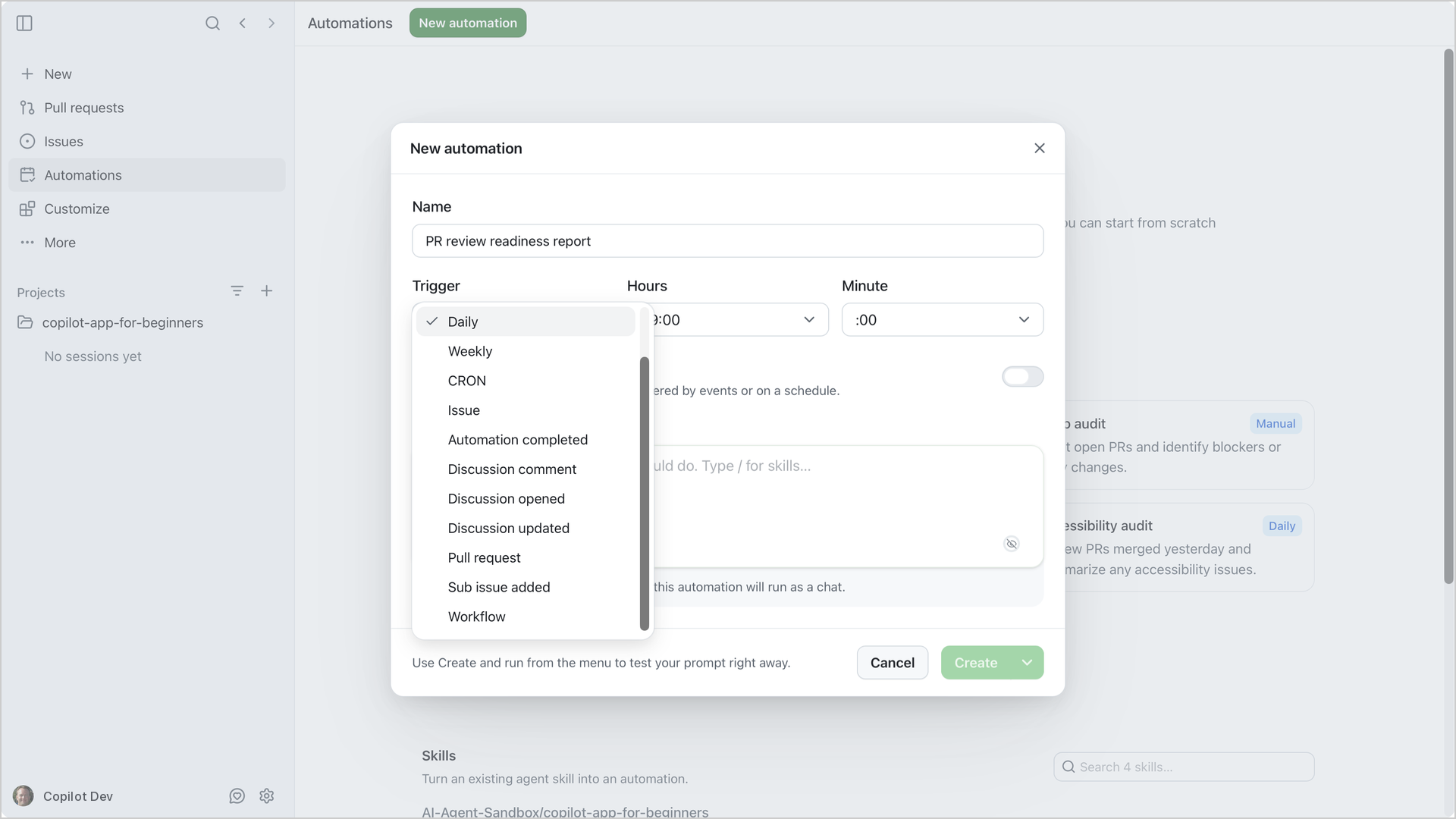 Automation trigger options in the new-automation form
