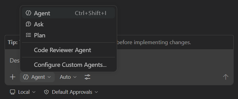 Screenshot showing the agent picker in the Chat view.